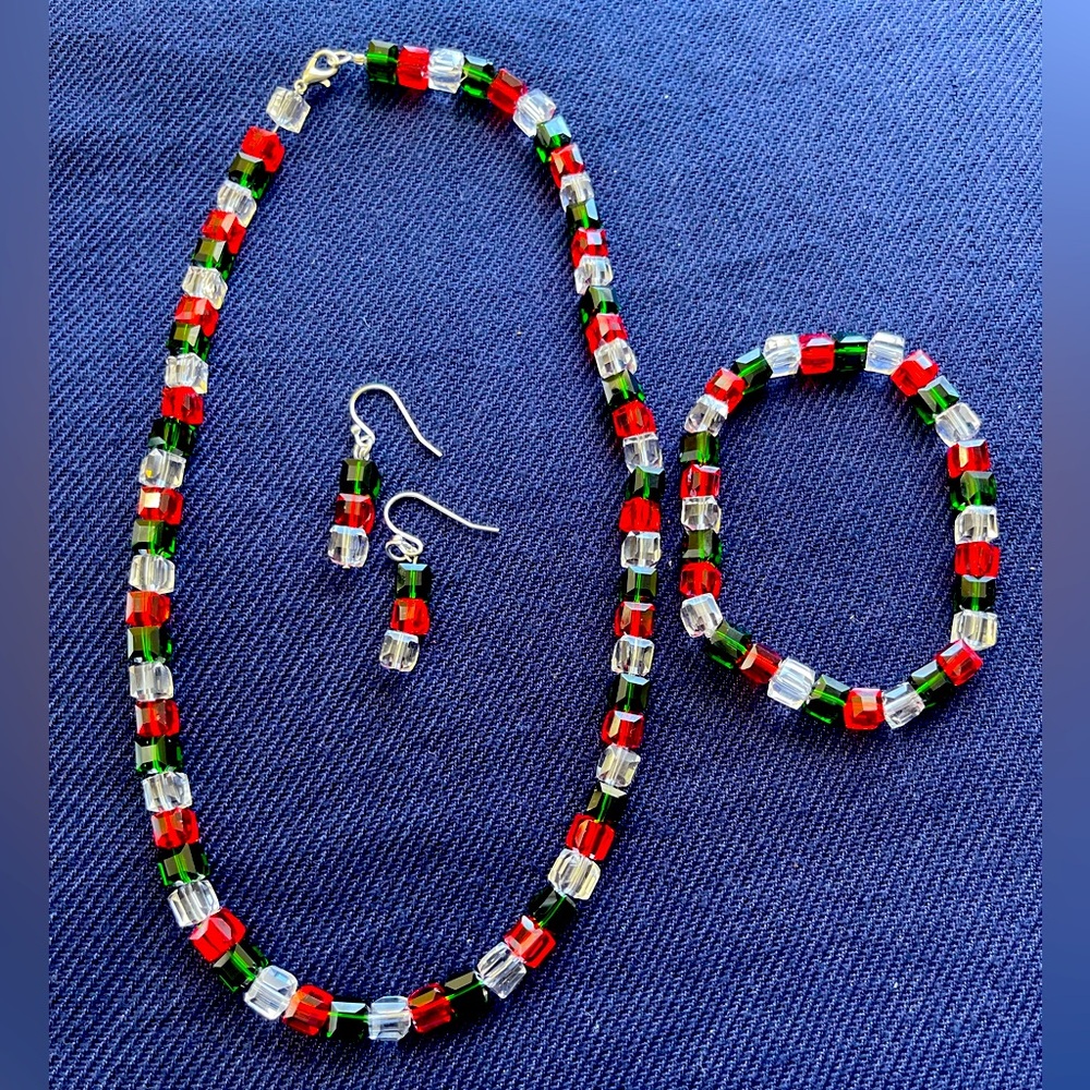 Christmas Beaded Necklace Earrings Bracelet jewelry set